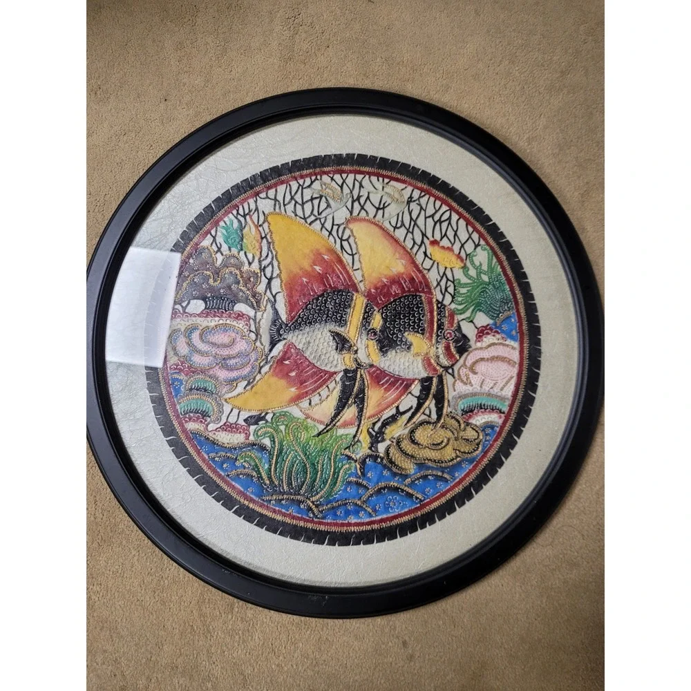 Framed Angelfish‎ Textile Art Round Mixed Media Hand Painted Embroidery 18inches